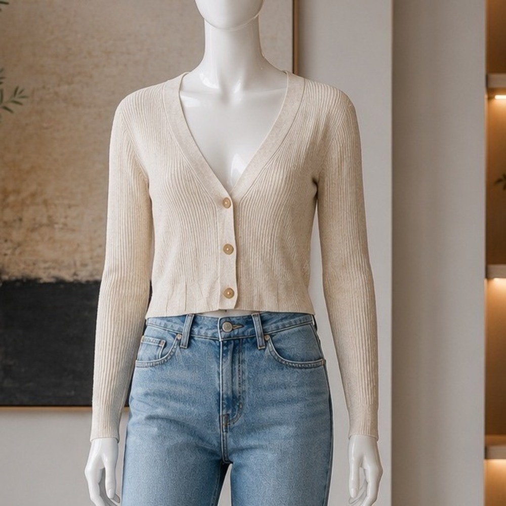 Uniqlo Women Cardigan Ribbed V-Neck Button Front Beige Small